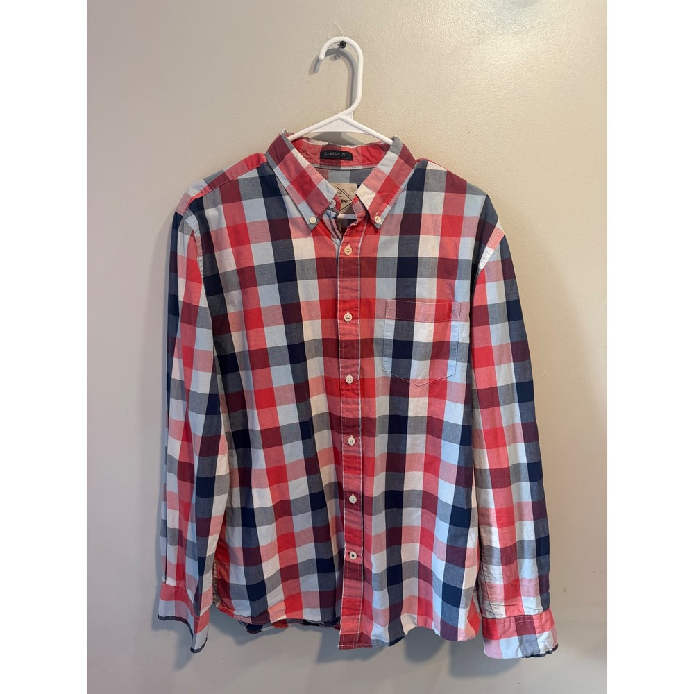 St Johns Bay Mens Classic Fit Plaid Button Down Shirt Red Navy Blue Cotton M